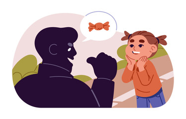 Cute little girl talking to stranger alone. Kid communicates with suspicious adult man outdoor. Child is in danger situation, kidnapping risk. Flat isolated vector illustration on white background