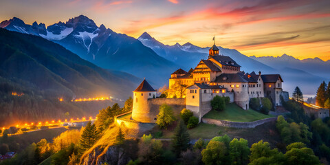 Fototapeta premium Illuminated castle of Vaduz at sunset , Vaduz, Liechtenstein, castle, illuminated, sunset, dusk, twilight, landmark, architecture