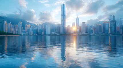 Fototapeta premium A panoramic view of the Hong Kong skyline at sunrise with the sun reflecting off the water.