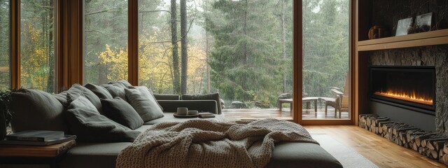 Cozy Living Room with Large Windows, Rainy Forest View, and Stone Fireplace