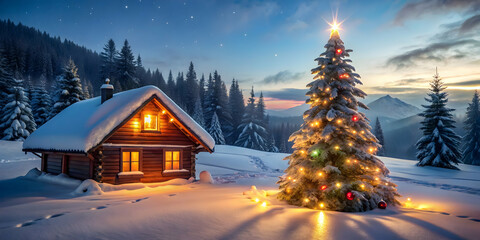Fototapeta premium Snowy landscape with wooden cabin, decorated pine tree with lights and ornaments , Snow, winter, landscape, wooden cabin