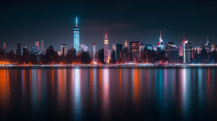Fototapeta premium A panoramic view of the New York City skyline at night, with the city's iconic skyscrapers illuminated and reflected in the water.