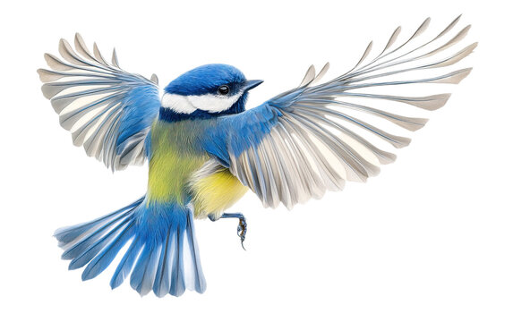 Flying blue tit on transparent background, png	