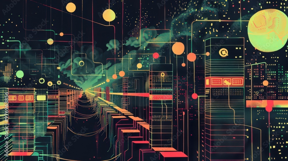 Poster artistic representation of the invention of the internet, depicting early computer networks, servers