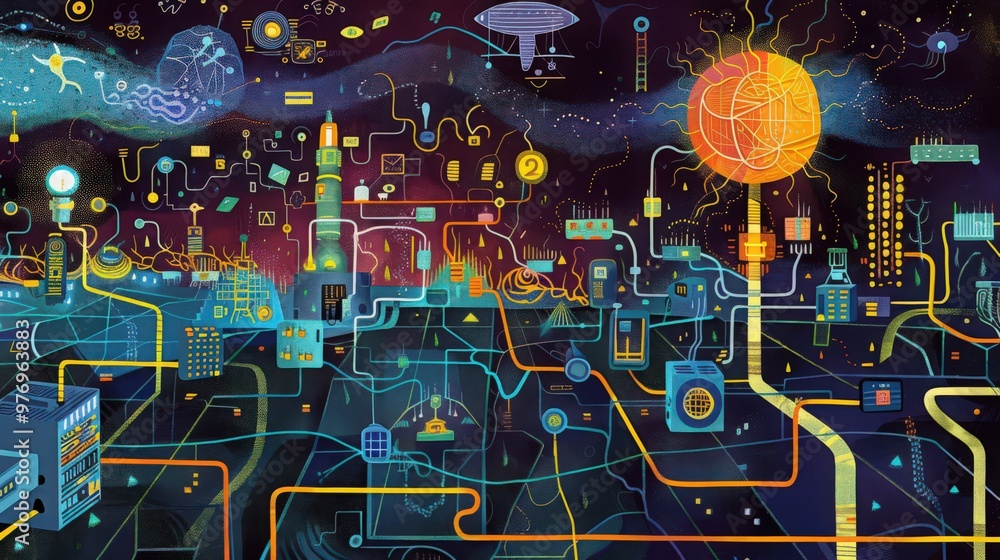 Poster artistic representation of the invention of the internet, depicting early computer networks, servers