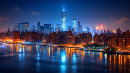 Obraz premium A panoramic view of the New York City skyline at night, with the Freedom Tower illuminated in the center, and the East River reflecting the city lights.