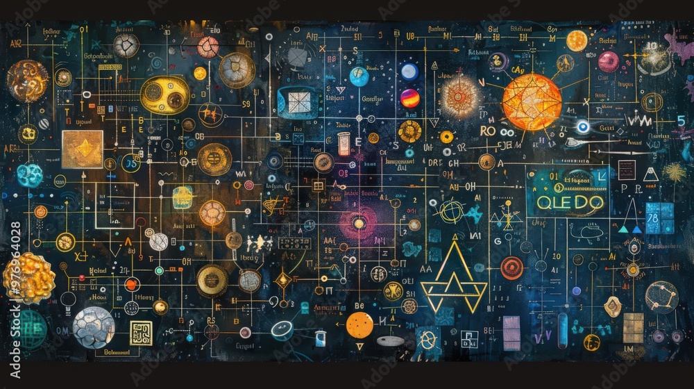Poster artistic representation of the periodic table with annotations for each element, including their sym