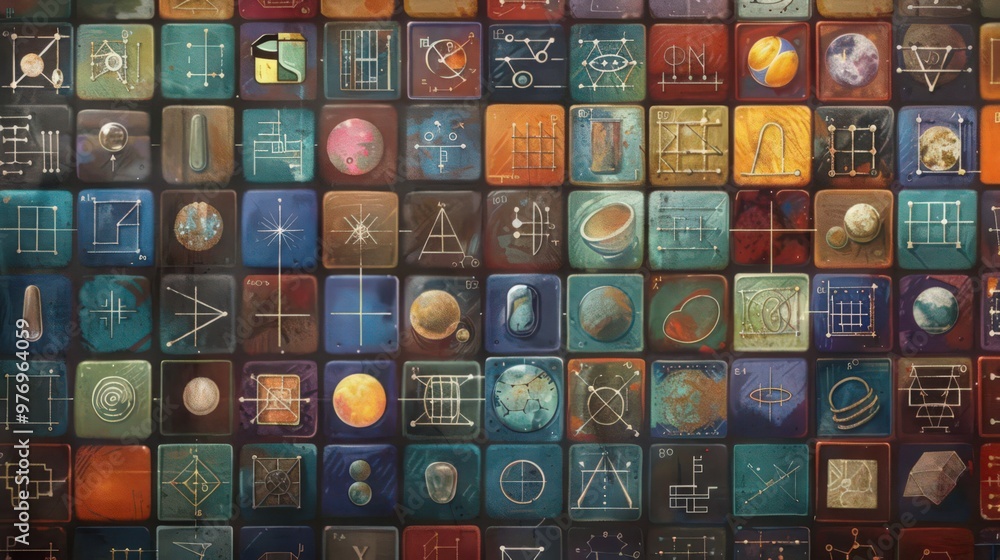 Poster artistic representation of the periodic table with annotations for each element, including their sym
