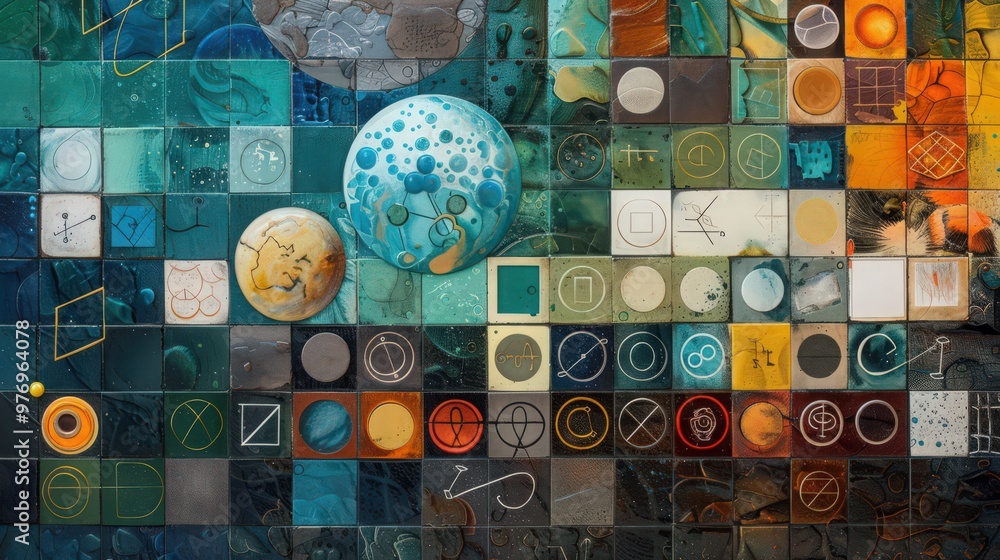 Poster artistic representation of the periodic table with annotations for each element, including their sym