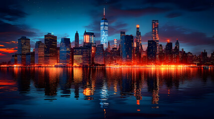 Obraz premium A panoramic view of the New York City skyline at night, with the skyscrapers lit up and reflecting in the water.