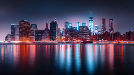 Fototapeta premium A panoramic view of the New York City skyline at night, with the skyscrapers illuminated in neon lights and their reflections shimmering in the water.