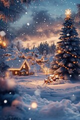Cozy village bathed in golden sunlight with a sparkling Christmas tree in the foreground