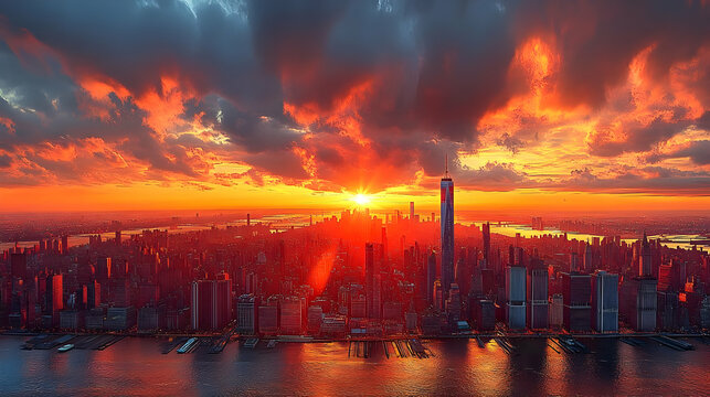 A panoramic view of the New York City skyline at sunset, with the sun setting behind the city, casting a warm orange glow over the buildings and the river.