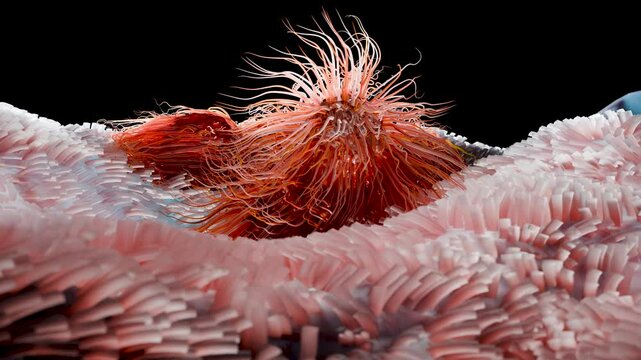 Peritrichous Bacteria with lot of flagellum, harmful bacillus with long tails, prokaryote, viruses probiotics and pathogen, H. pylori, microbe flagella, immune, salmonella or lactobacillus, 3d render