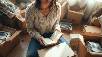 Sorting Through Family Memories, A woman sits on the floor surrounded by open boxes filled with old photographs and albums. She holds a book in her hands, absorbed in reminiscing about the past.