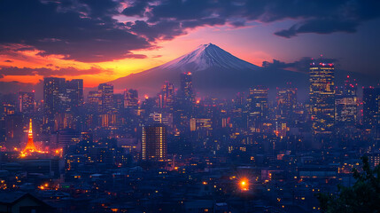 A panoramic view of the Tokyo skyline with Mount Fuji in the background at sunrise.