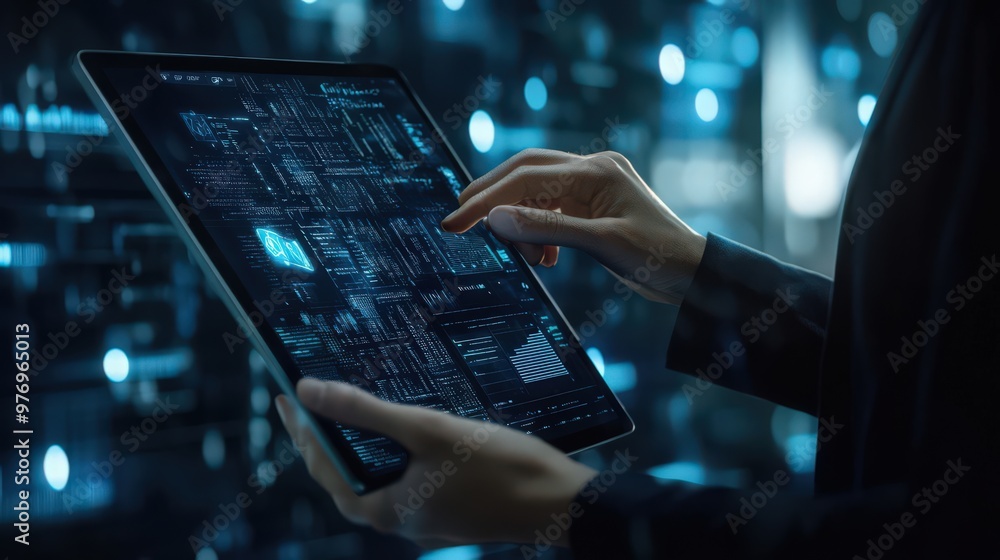 Poster blockchain technology and data encryption are applied by a businessman on a digital tablet, with ai 
