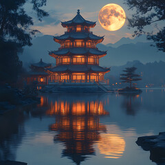 Obraz premium A serene evening scene of a traditional pagoda illuminated by moonlight, reflecting beautifully on the calm water surface.