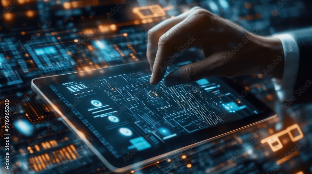 Poster blockchain technology and data encryption are managed by a businessman on a digital tablet, utilizin
