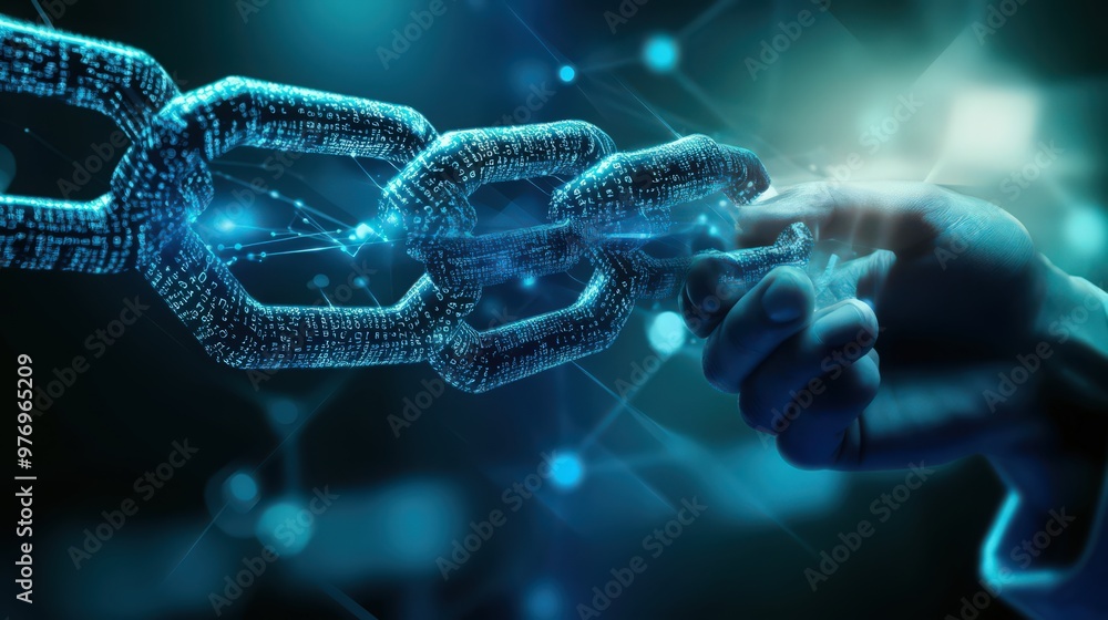 Poster blockchain technology and data encryption are pivotal in a businessman digital strategy, using ai to