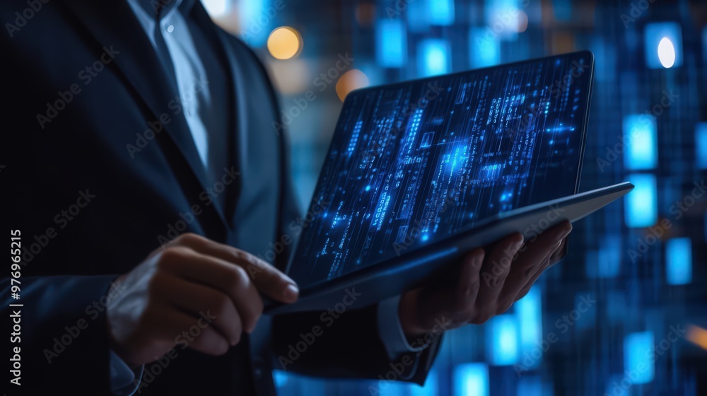 Poster blockchain technology and data encryption are managed by a businessman on a digital tablet, utilizin