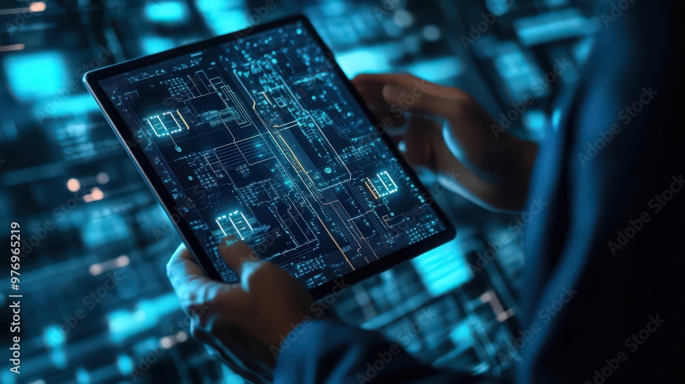 Poster blockchain technology and data encryption are managed by a businessman on a digital tablet, utilizin