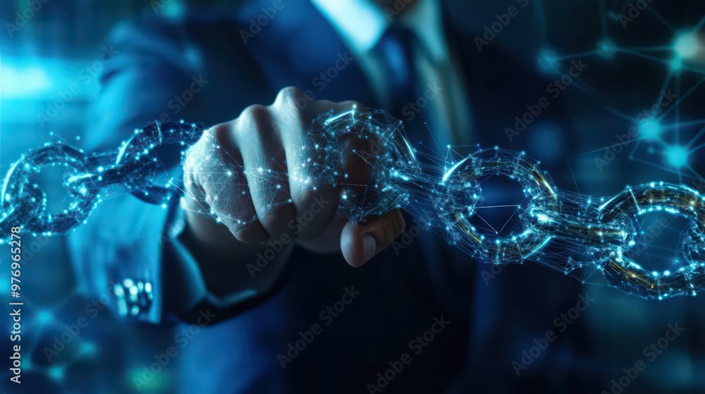 Poster blockchain technology and data encryption are pivotal in a businessman digital strategy, using ai to
