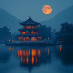 Obraz premium A serene moonlit scene of an ornate pagoda reflecting on a tranquil lake surrounded by mountains, evoking peace and beauty.