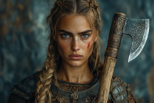 Blonde viking warrior woman posing with ax and wounds on face