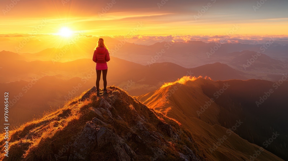 Poster woman hiking mountain peak sunset view golden hour