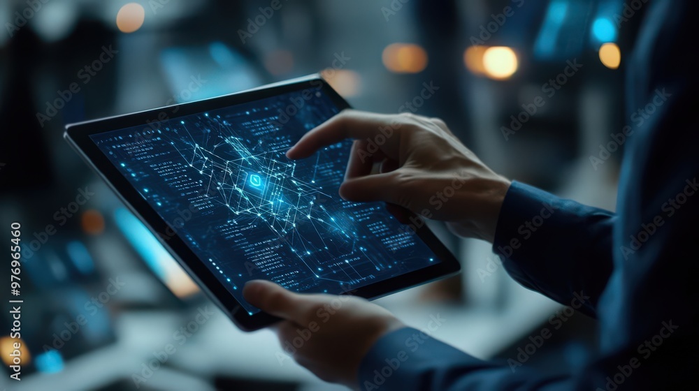 Poster blockchain technology and data encryption are utilized by a businessman on a digital tablet, with ai