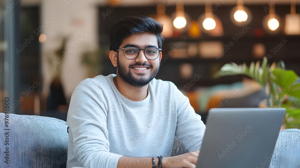 Poster Smiling Man with Glasses Using Laptop in a Modern Setting