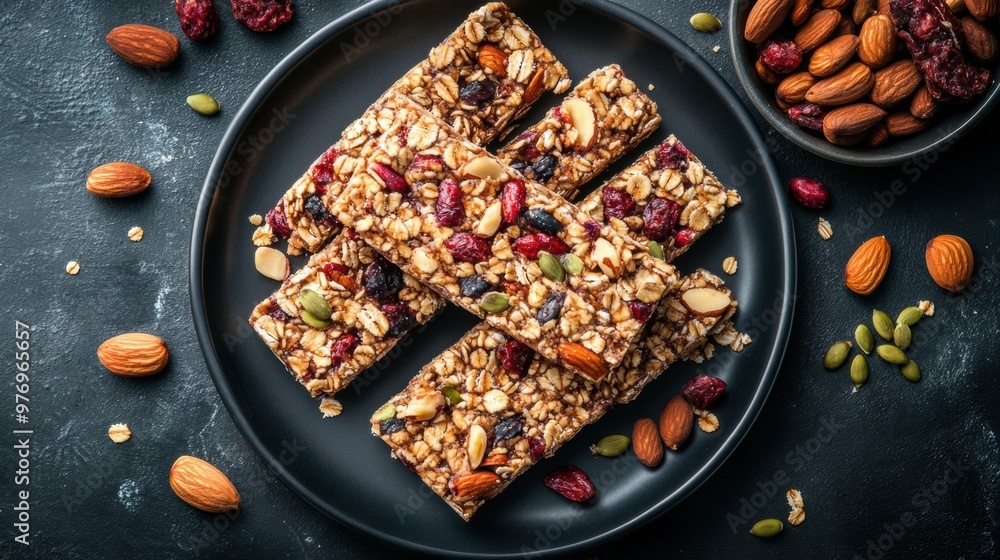 Sticker A plate of granola bars with nuts and dried fruit, AI