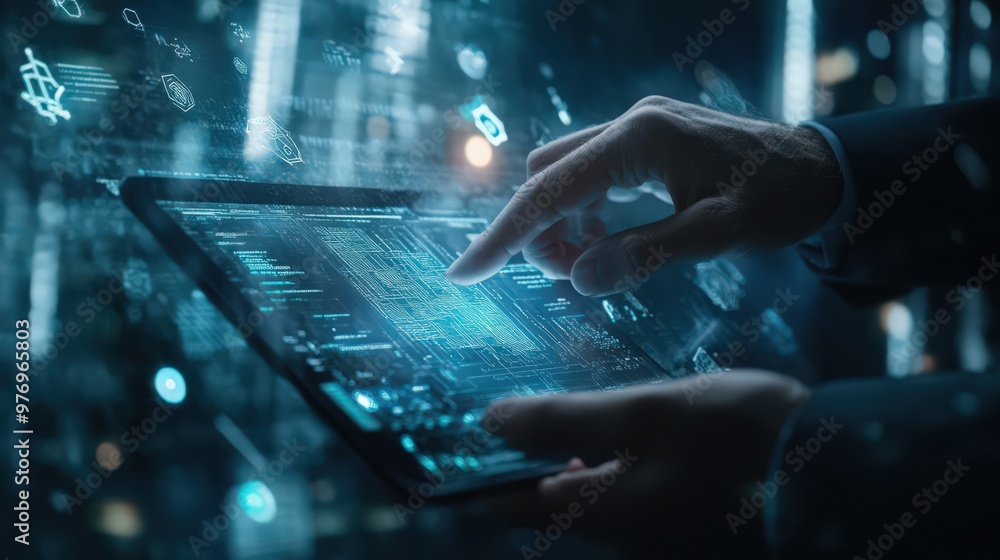 Poster blockchain technology, data encryption, and ai converge as a businessman uses a digital tablet to en