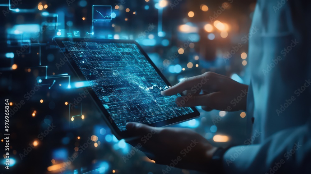 Poster blockchain technology, data encryption, and ai converge as a businessman uses a digital tablet to en