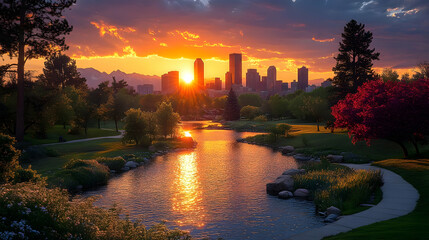 Fototapeta premium A picturesque sunset over a city skyline with a lake in the foreground.