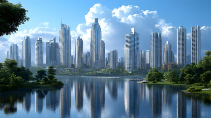 Obraz premium A picturesque view of a modern city skyline reflected in a calm lake with lush greenery in the foreground and white puffy clouds in the sky.