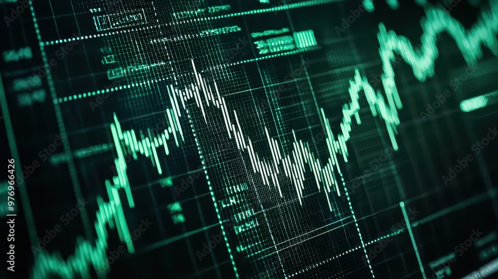 Poster green data analytics chart on digital screen