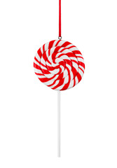 A Colorful Swirled Lollipop with a Ribbon Decoration. Christmas ornament. Isolated on a transparent background. Stock photo