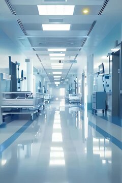 vertical slow motion video of Empty modern hospital corridor with medical equipment