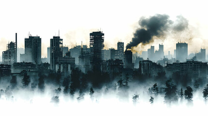 Naklejka premium A post-apocalyptic cityscape with smoke billowing from a factory, a reminder of the devastation that has occurred.