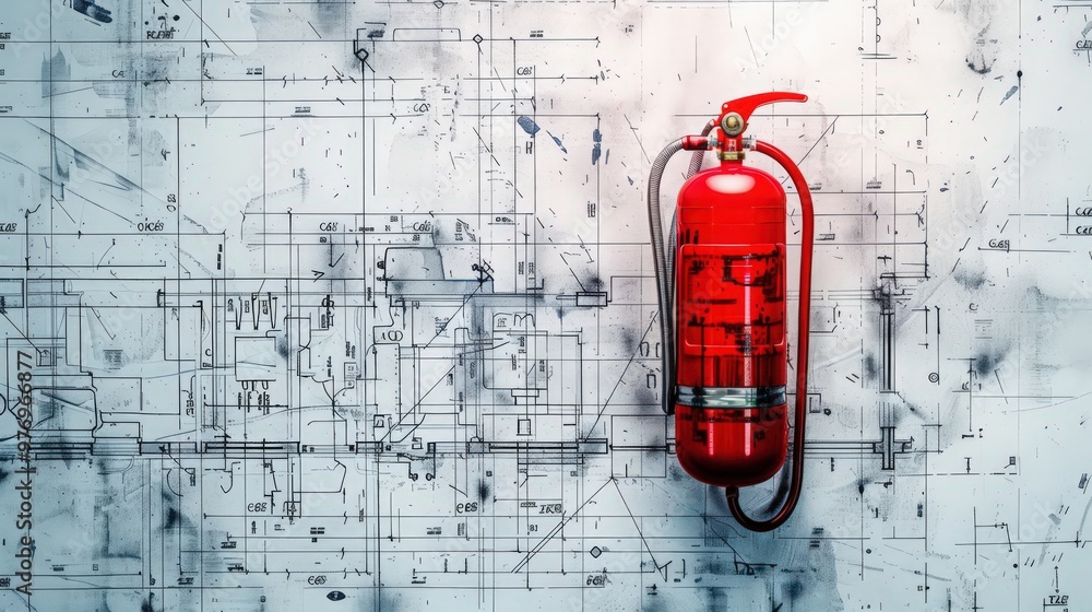 Aufkleber blueprint of a fire extinguisher mounted on a wall, showcasing its design and placement for quick ac