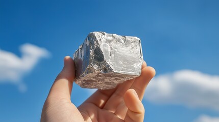 Hand holding a lithium ore against a blue sky, symbolizing lithium mining and energy storage.