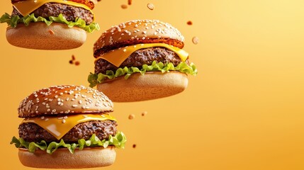 Delicious Cheeseburgers with Sesame Seed Buns in Mid Air