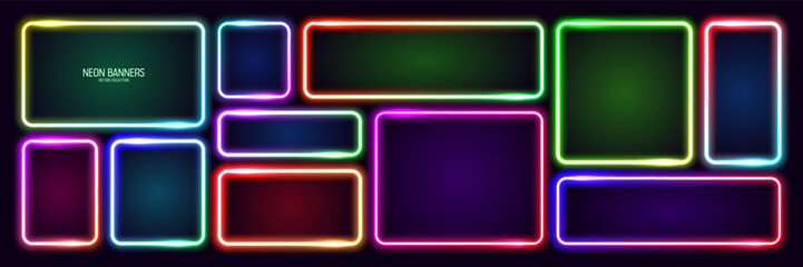 Colorful glowing neon banners, illuminated square frames. Shiny vibrant border, glow effect. Purple vintage retro lights, night illumination. Modern futuristic UI design elements. Vector illustration