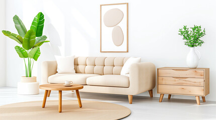 Sofa in modern living room with home decor and plant
