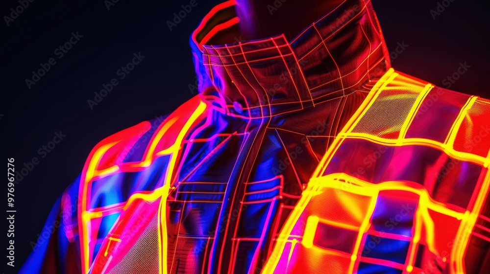 Poster blueprint of a high-visibility vest with reflective strips, showing how it enhances visibility and s