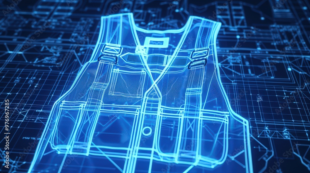 Poster blueprint of a high-visibility vest with reflective strips, showing how it enhances visibility and s