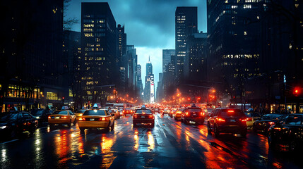 Obraz premium A rainy night in a bustling city with a long road lined with tall buildings and traffic.