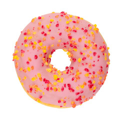 Pink donut isolated on a transparent background. Stock photo.